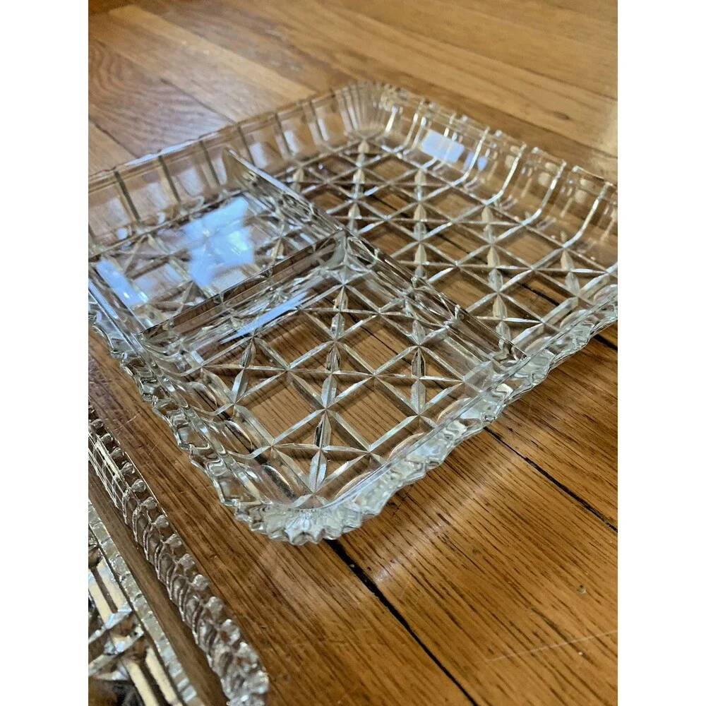 VTG Cut Glass Snack Sandwitch Trays Bohemian Large Heavy Solid (Set Of 2)